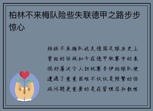 柏林不来梅队险些失联德甲之路步步惊心